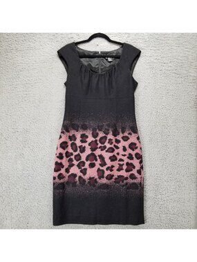 Eccoci Dress Womens 10 Black Pink Animal Print Wool Blend Sheath Sleeveless